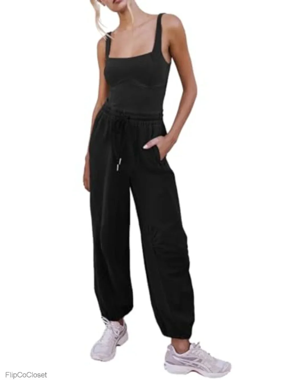 Sleeveless Square Neck Jumpsuit Drawstring Waist with Pockets Summer Romper